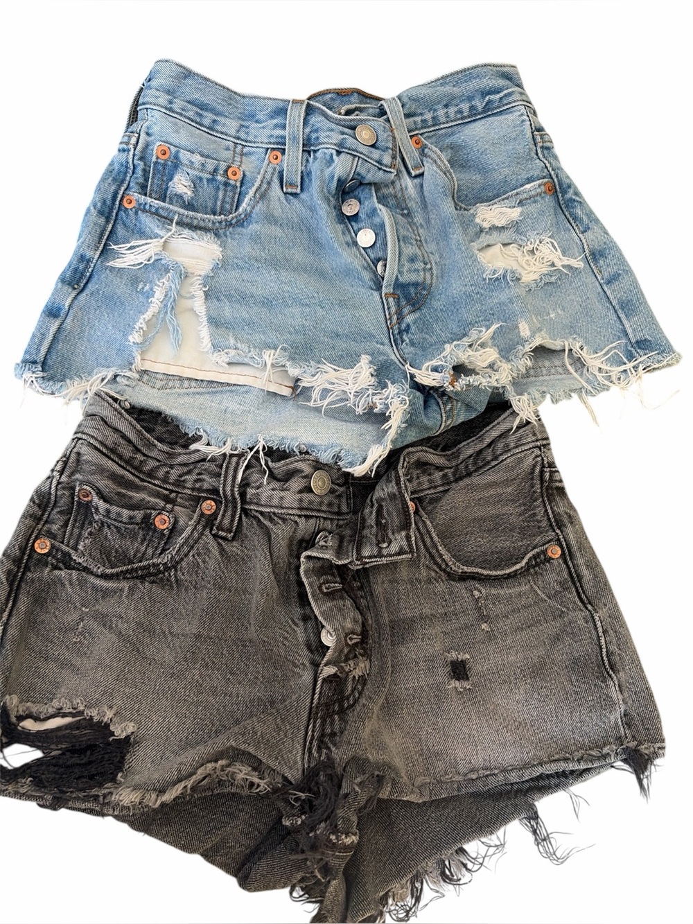 Levi’s 501 shorts extremely distressed denim jeans blue & black sz 24/25